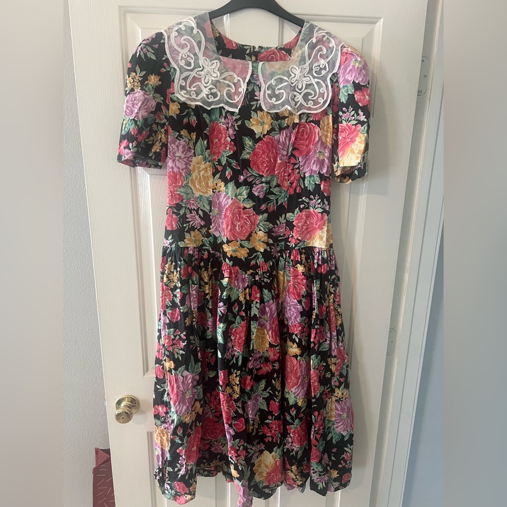 Melissa Black Floral Midi Dress with White Lace Collar